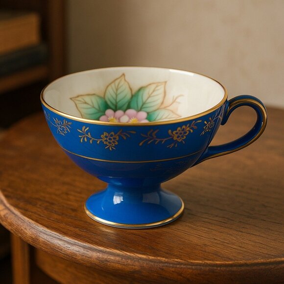 Vintage Royal Sealy Japan Pedestal Teacup Blue Footed Cup Hand Painted Gold Trim - Picture 6 of 6